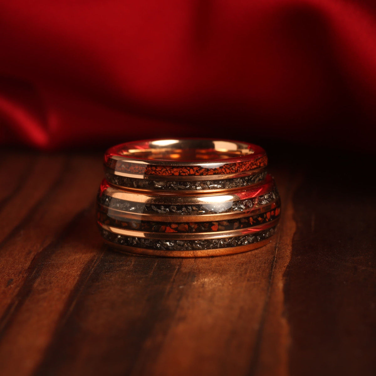 Matching meteorite dinosaur bone rings for couples with rose gold