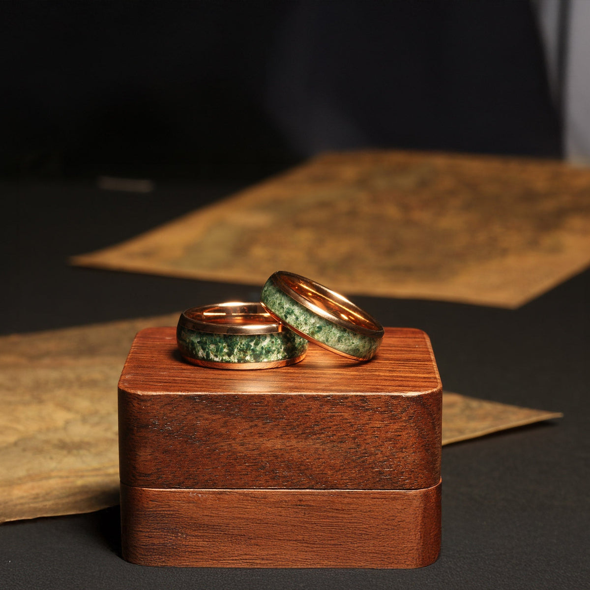 Matching moss agate rose gold bands with polished tungsten finish
