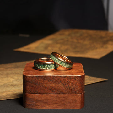 Moss Agate Rose Gold Matching Wedding Band Set | His and Hers Tungsten Rings 4