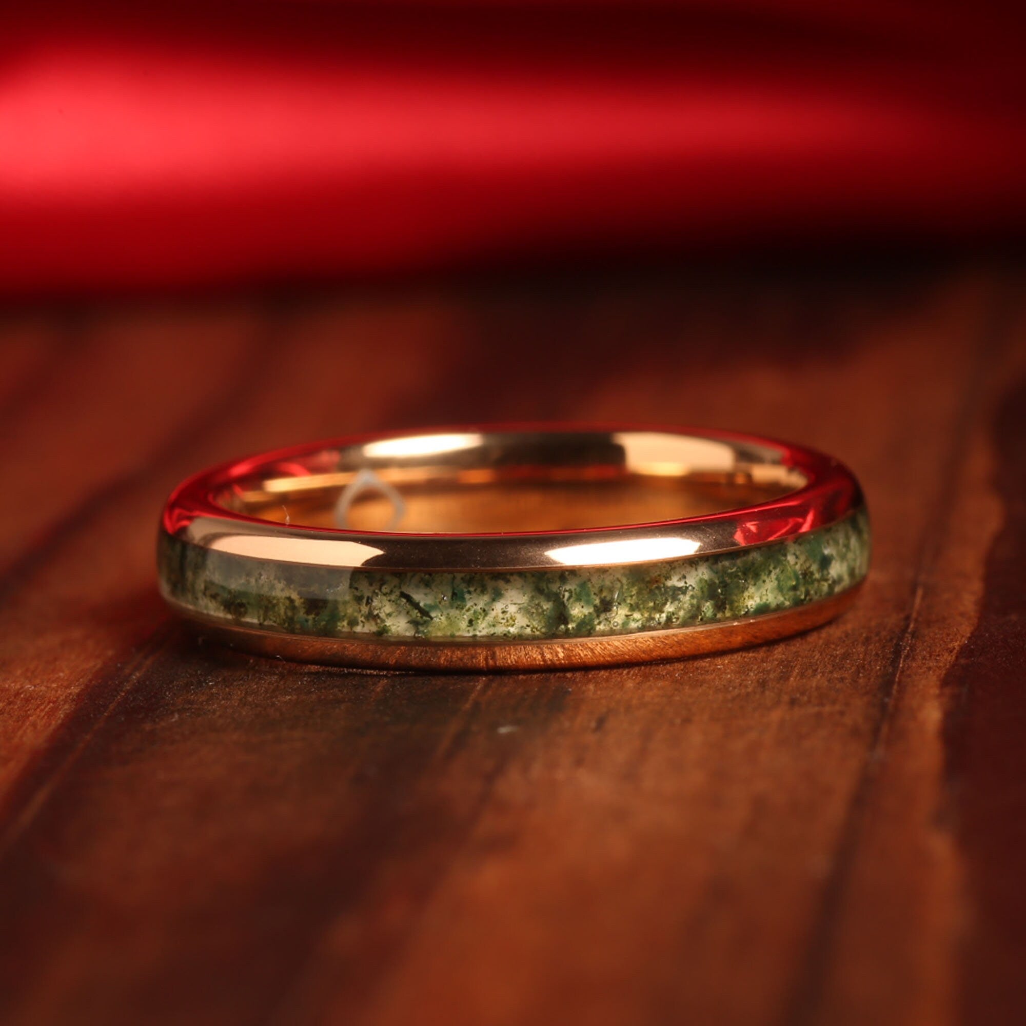 Domed Moss Agate Matching Wedding Band Set | His and Hers Rose Gold Tungsten Rings