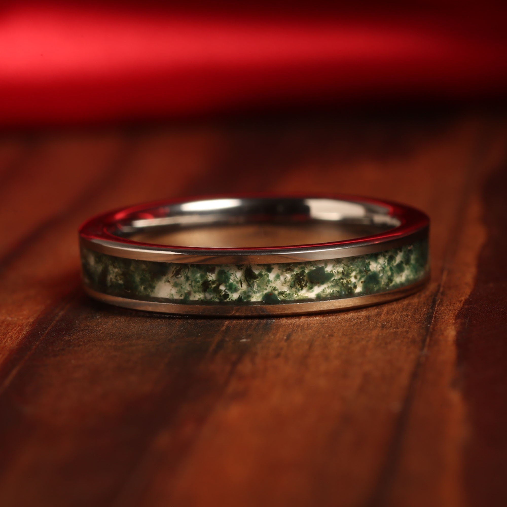 Moss Agate Matching Wedding Band Set | His and Hers Silver Tungsten Rings