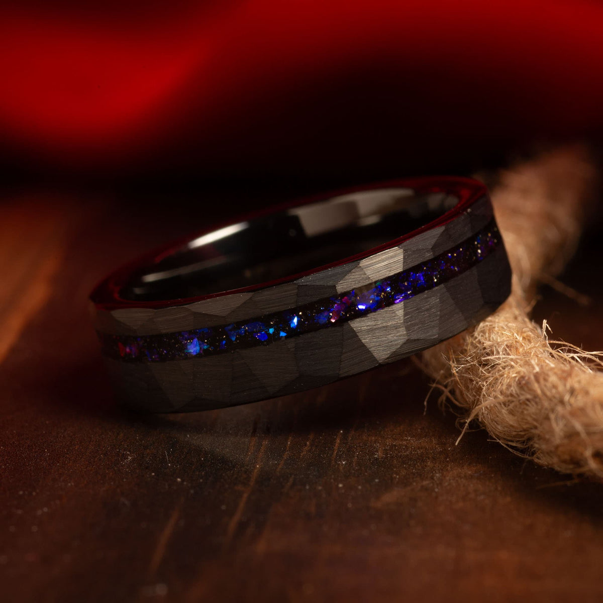 Matching nebula blue sandstone rings for couples with black tungsten bands