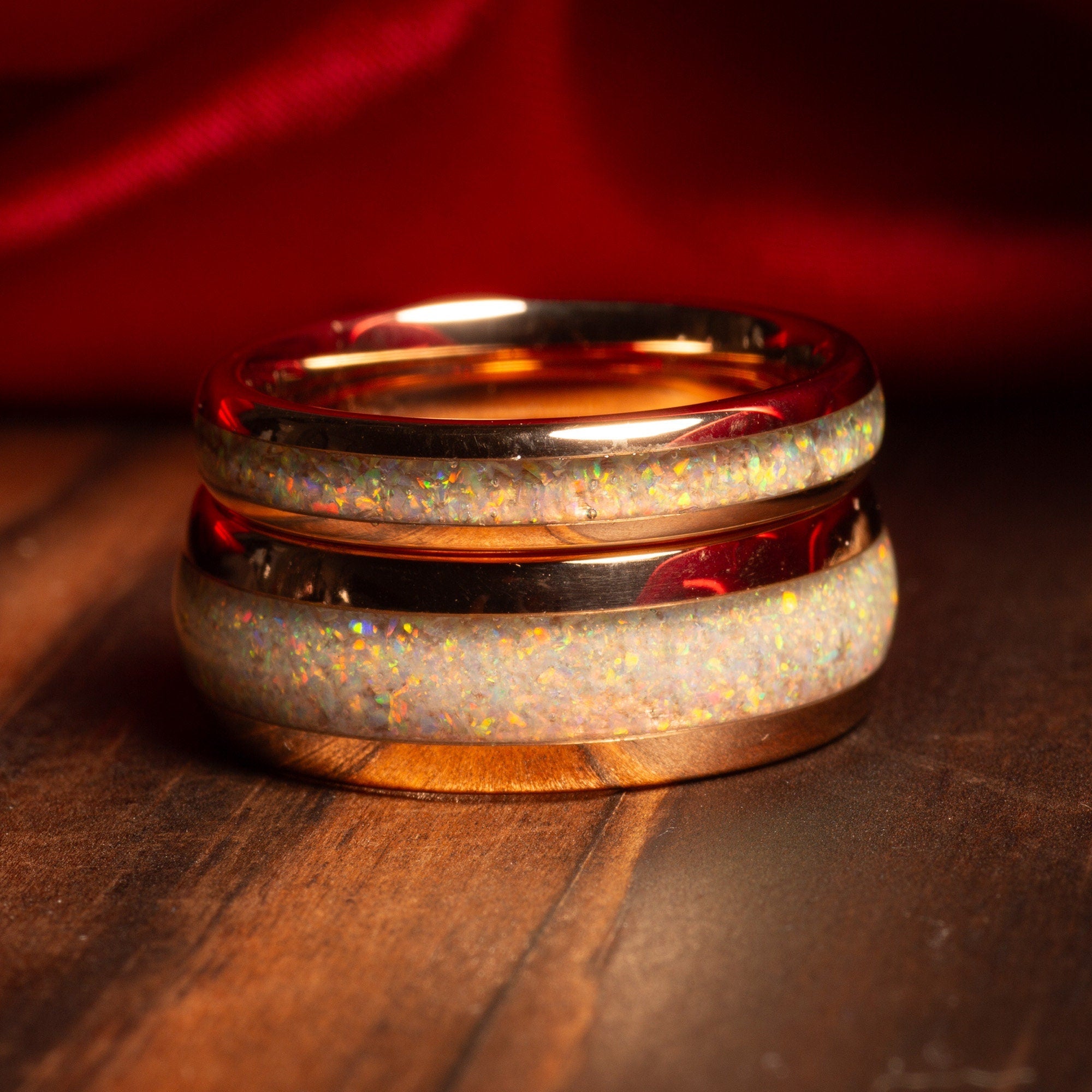 Domed White Opal Matching Wedding Band Set | His and Hers Rose Gold Tungsten Rings