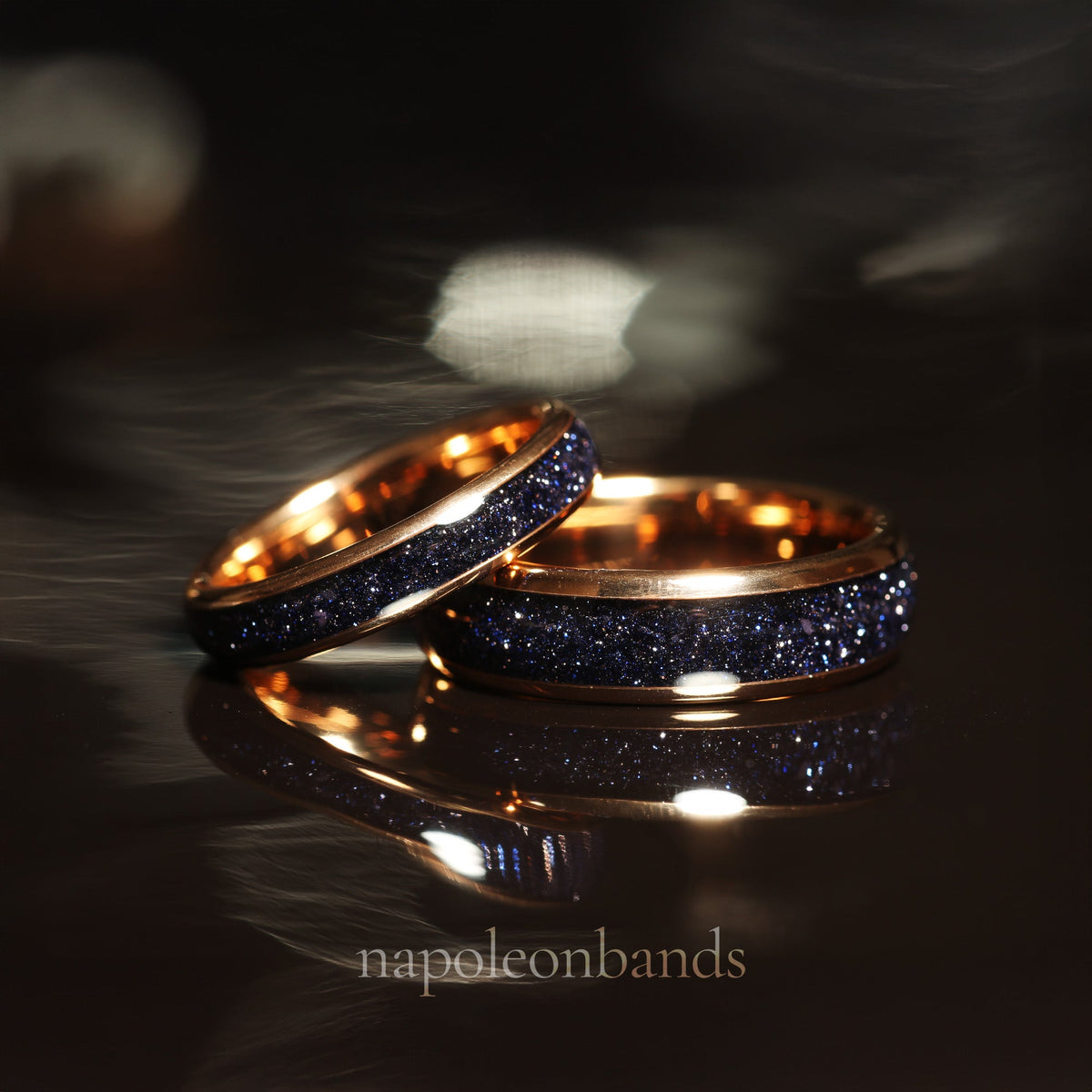 Matching rose gold tungsten sandstone bands with star like shimmer