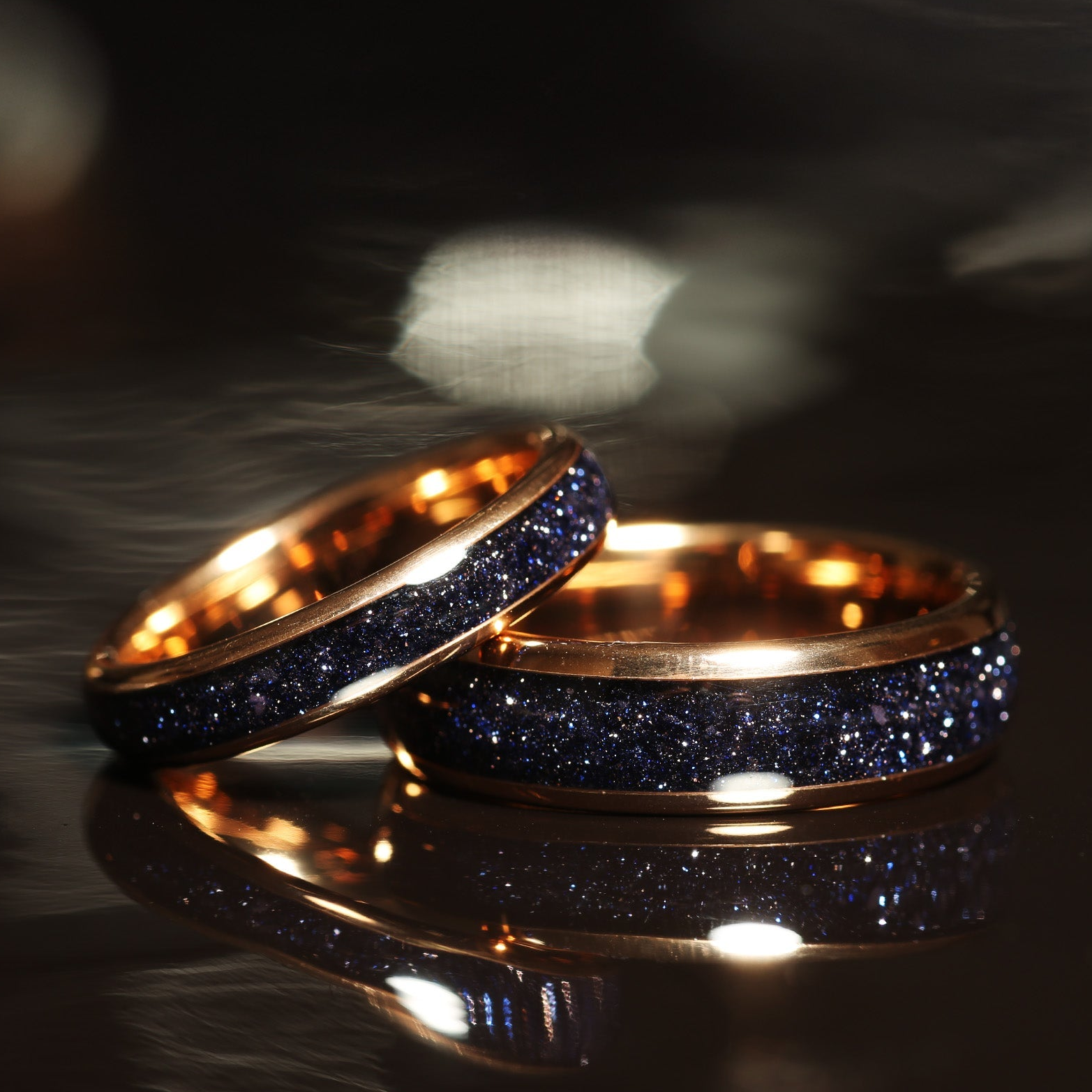 Milky Way Sandstone Matching Wedding Band Set | His and Hers Rose Gold Tungsten Rings 8mm & 4mm