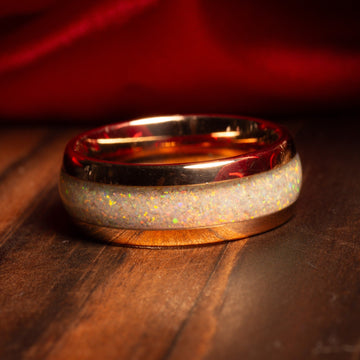 Domed White Opal Matching Wedding Band Set | His and Hers Rose Gold Tungsten Rings 3