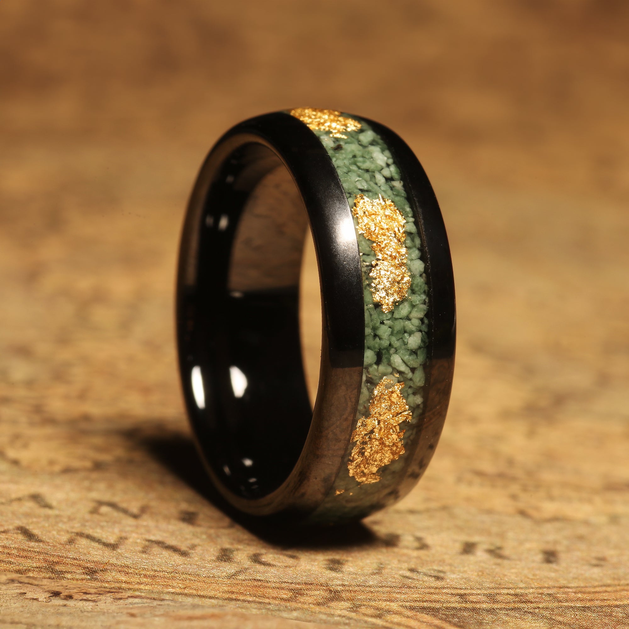 Moss Agate Gold Leaf Wedding Band for Men | 8mm Black Tungsten Ring