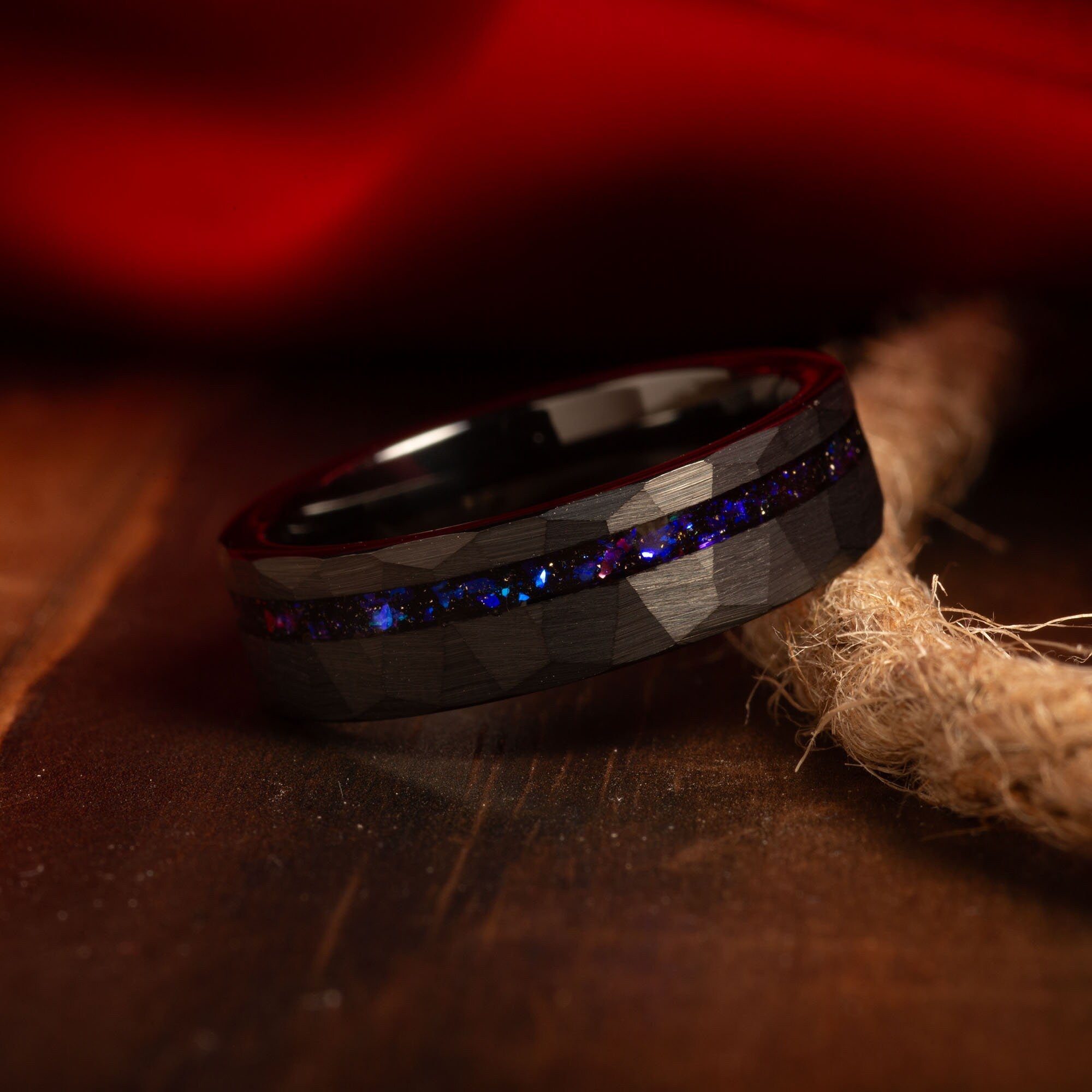 Blue Sandstone Wedding Band for Men | 6mm Faceted Black Tungsten Ring