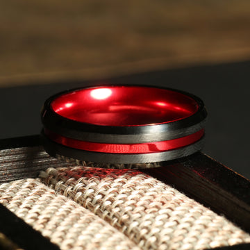 Firefighter Red Line Wedding Band for Men | 6mm Black Brushed Tungsten Ring 1