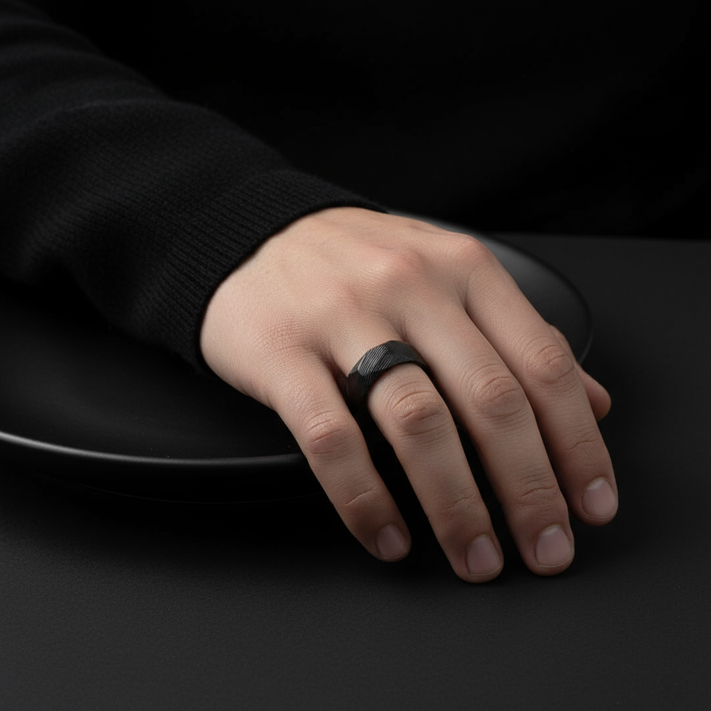 Black Damascus Steel Wedding Band for Men | 8mm Hammered Tungsten Ring
