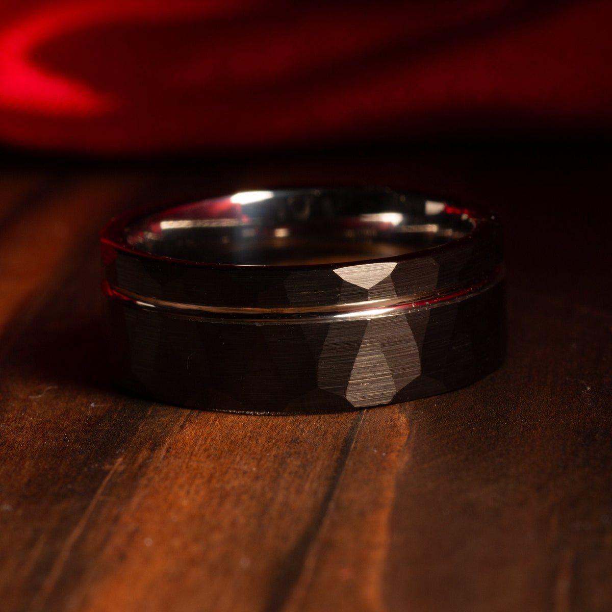 Men’s 8mm black hammered tungsten ring with comfort fit