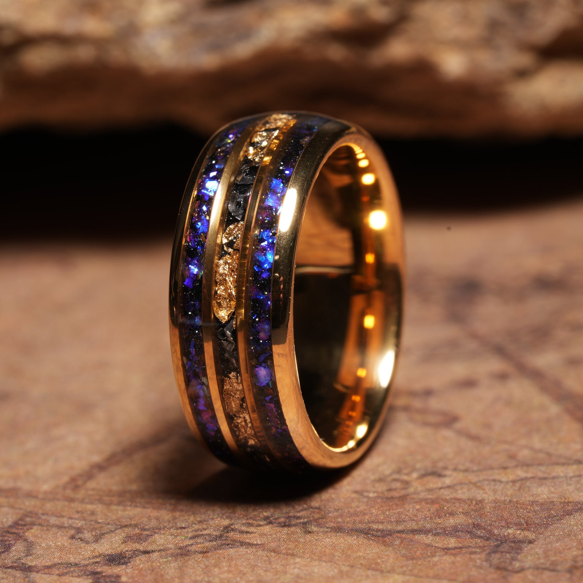 Meteorite Gold Leaf Blue Sandstone Wedding Band for Men | 8mm Yellow Gold Tungsten Ring