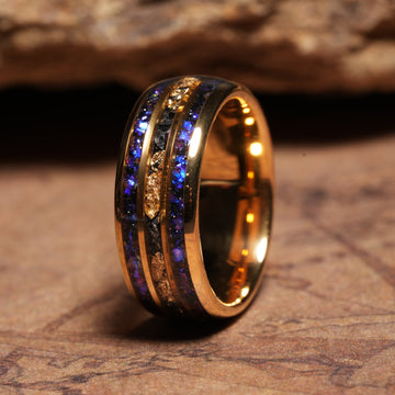 Meteorite Gold Leaf Blue Sandstone Wedding Band for Men | 8mm Yellow Gold Tungsten Ring 3