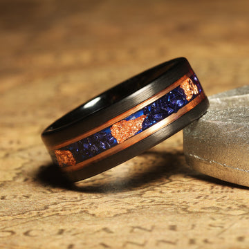 Blue Sapphire Gold Leaf Wedding Band for Men | 8mm Black Tungsten Ring 5