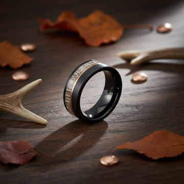 Deer Antler Rose Gold Strip Wedding Band for Men | 8mm Black Tungsten Ring 5