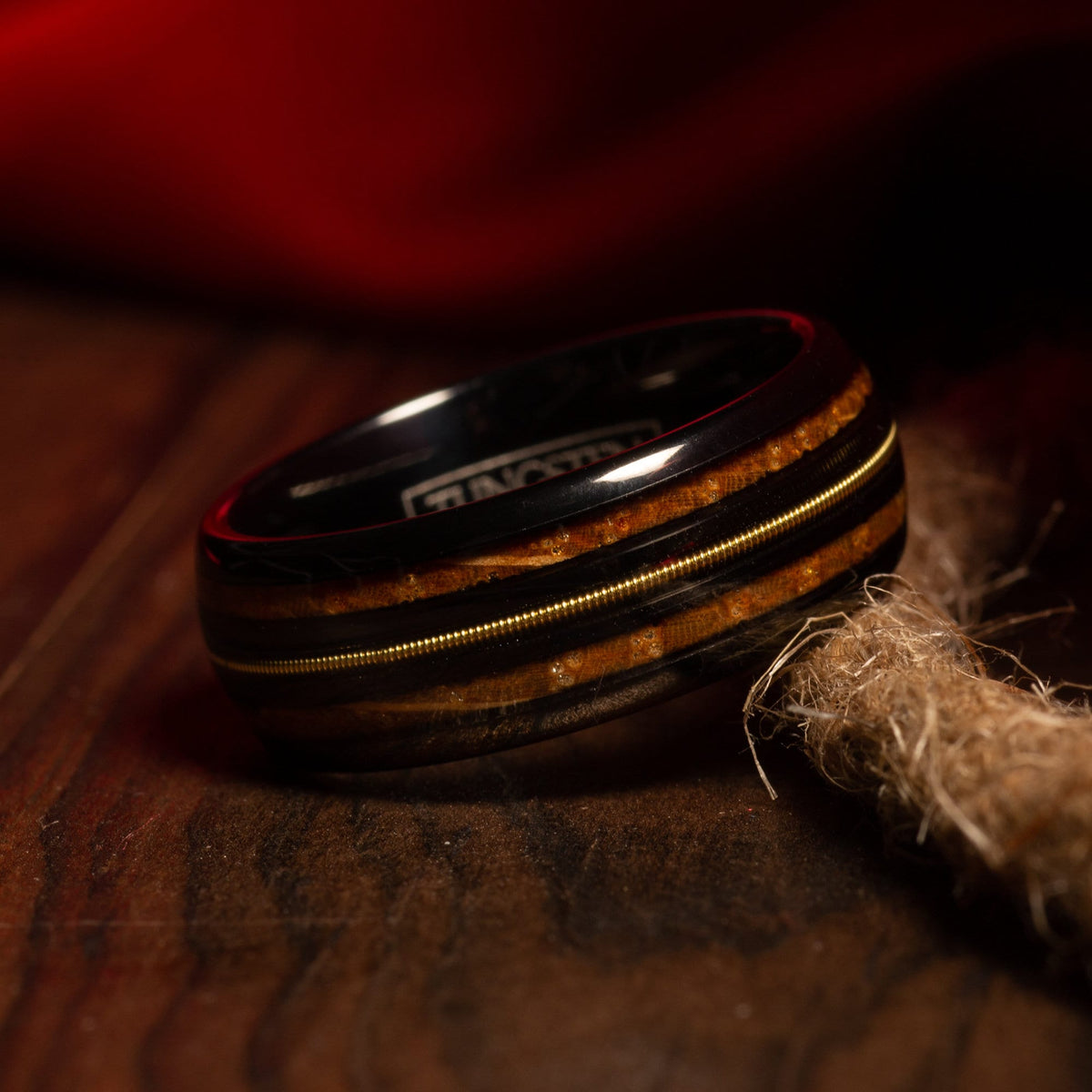 Men’s 8mm domed whiskey barrel ring with guitar string inlay