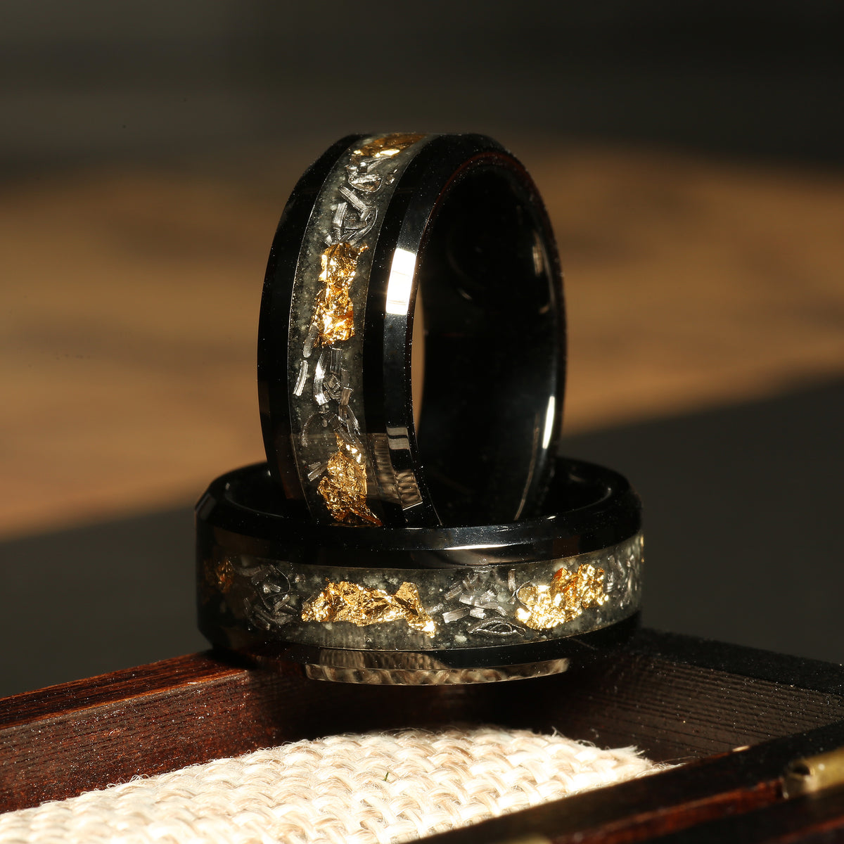 Men’s 8mm glow meteorite gold leaf band with comfort fit