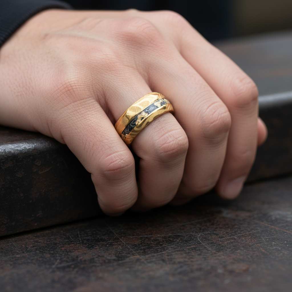 Meteorite Obsidian Gold Leaf Damascus Wedding Band for Men | 8mm Forged Ring