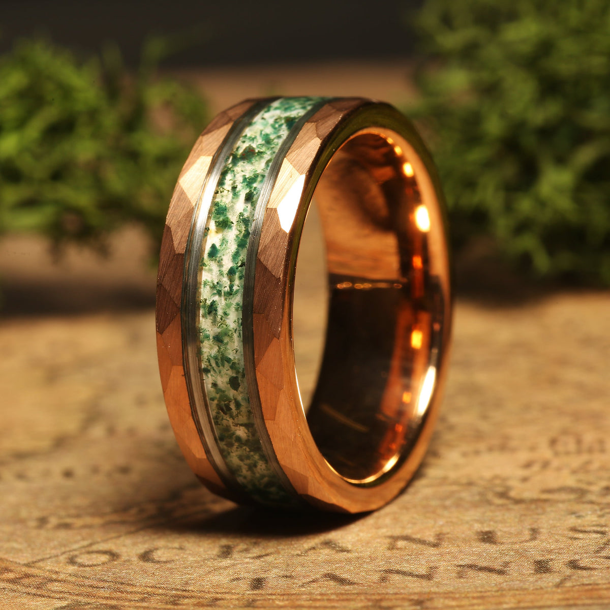 Men’s 8mm hammered moss agate band with comfort fit