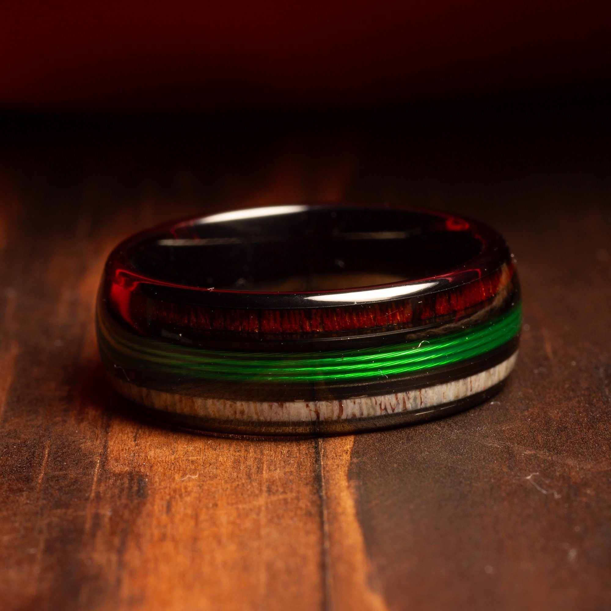 Koa Wood Deer Antler Fishing Line Wedding Band for Men | 8mm Black Tungsten Ring
