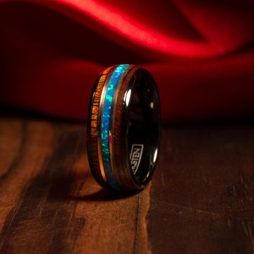 Koa Wood Blue Opal Wedding Band for Men | 8mm Black Tungsten Ring 5