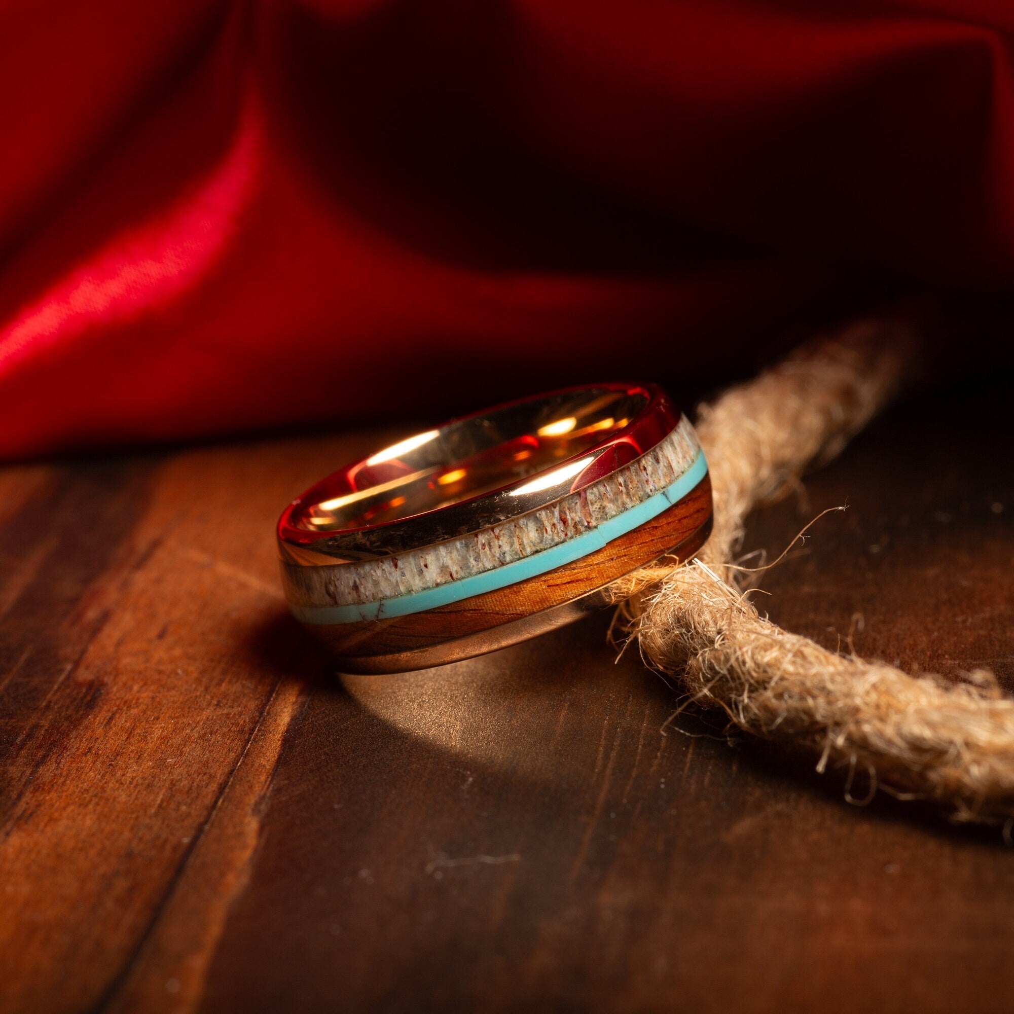 Koa Wood Turquoise Deer Antler Wedding Band for Men | 8mm Rose Gold Tungsten Ring