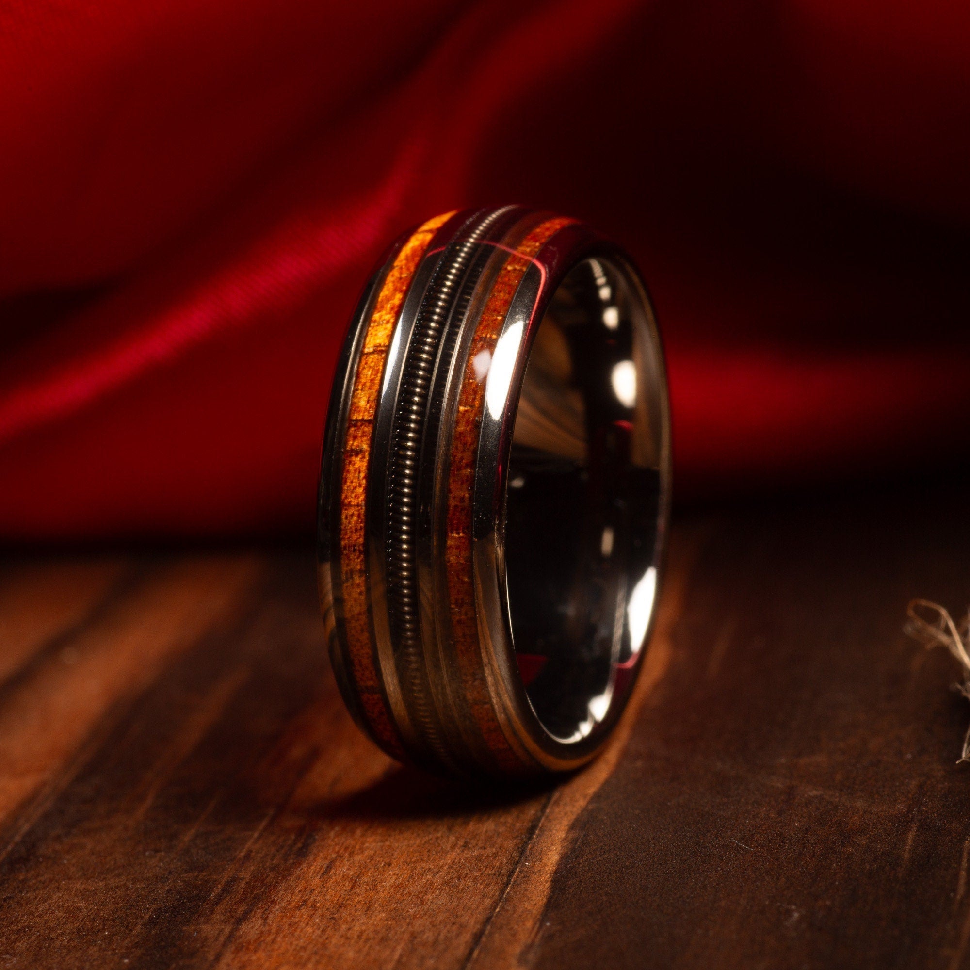 Koa Wood Guitar String Wedding Band for Men | 8mm Silver Tungsten Ring