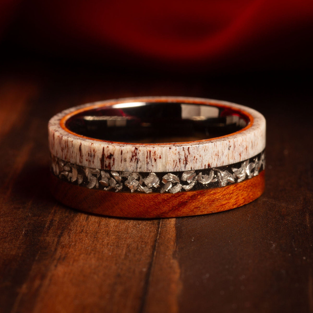 Men’s 8mm meteorite antler ironwood wedding band with comfort fit