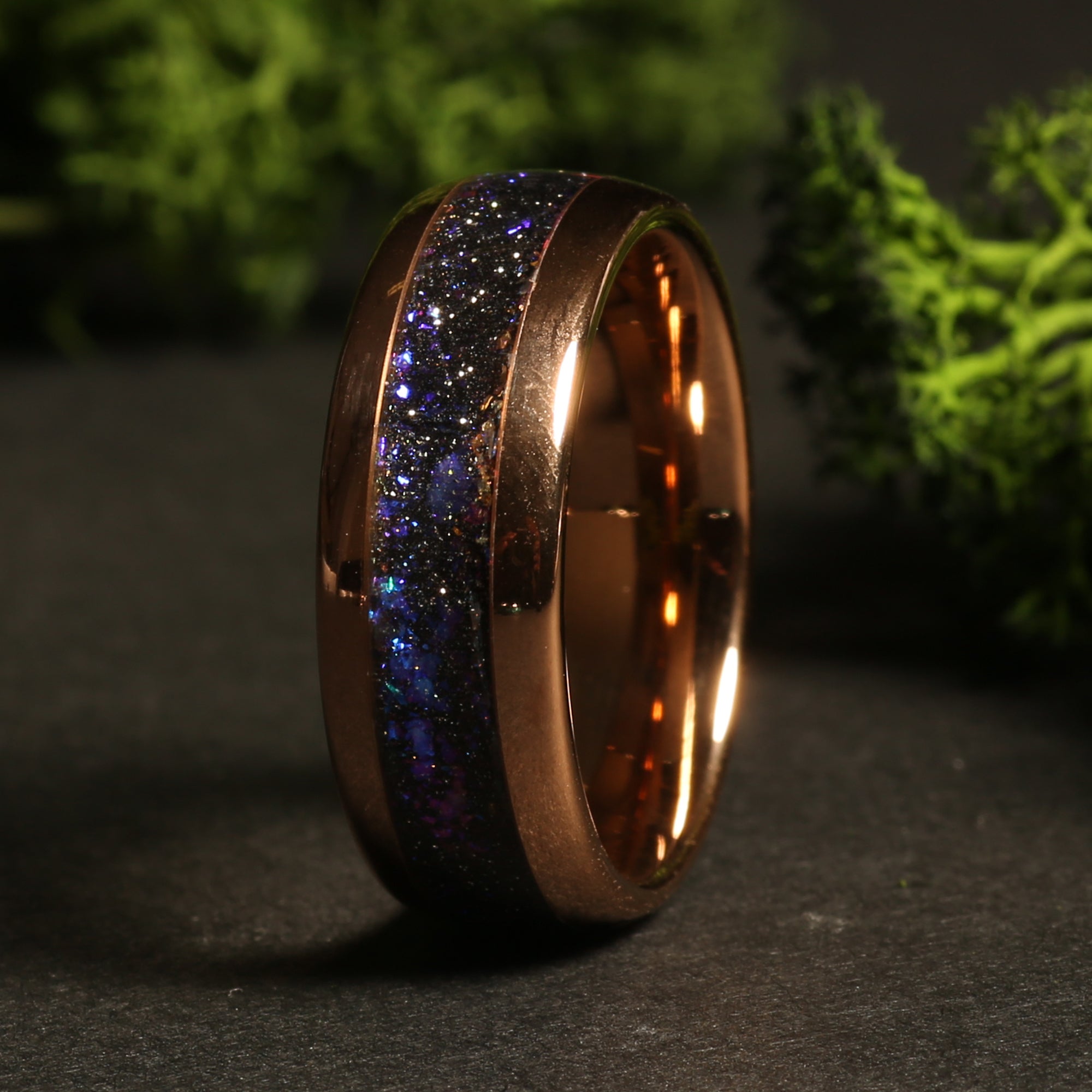 Meteorite Blue Opal Milky Way Wedding Band for Men | 8mm Rose Gold Tungsten Ring
