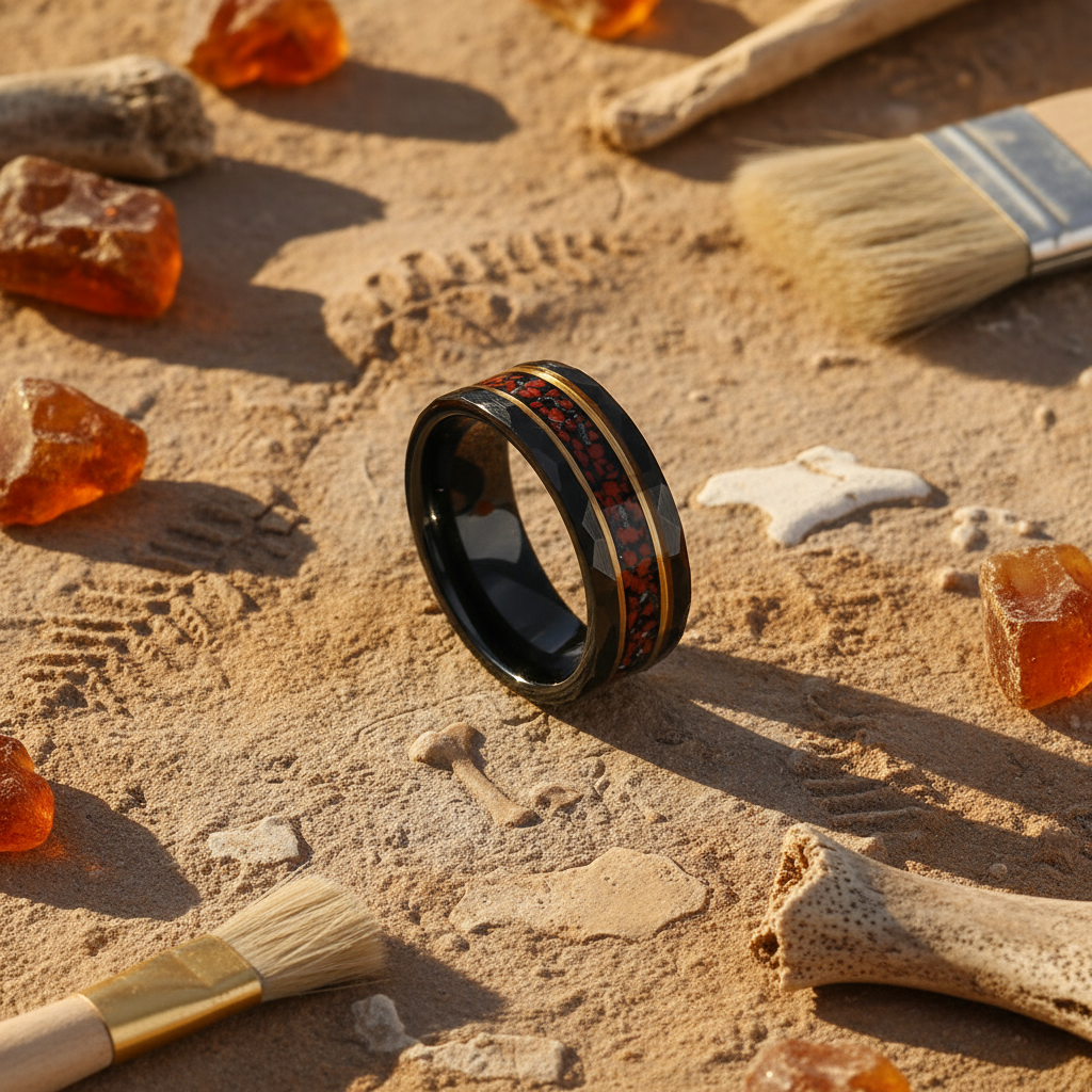 Meteorite Dinosaur Bone Rose Gold Strip Wedding Band for Men | 8mm Black Tungsten Ring