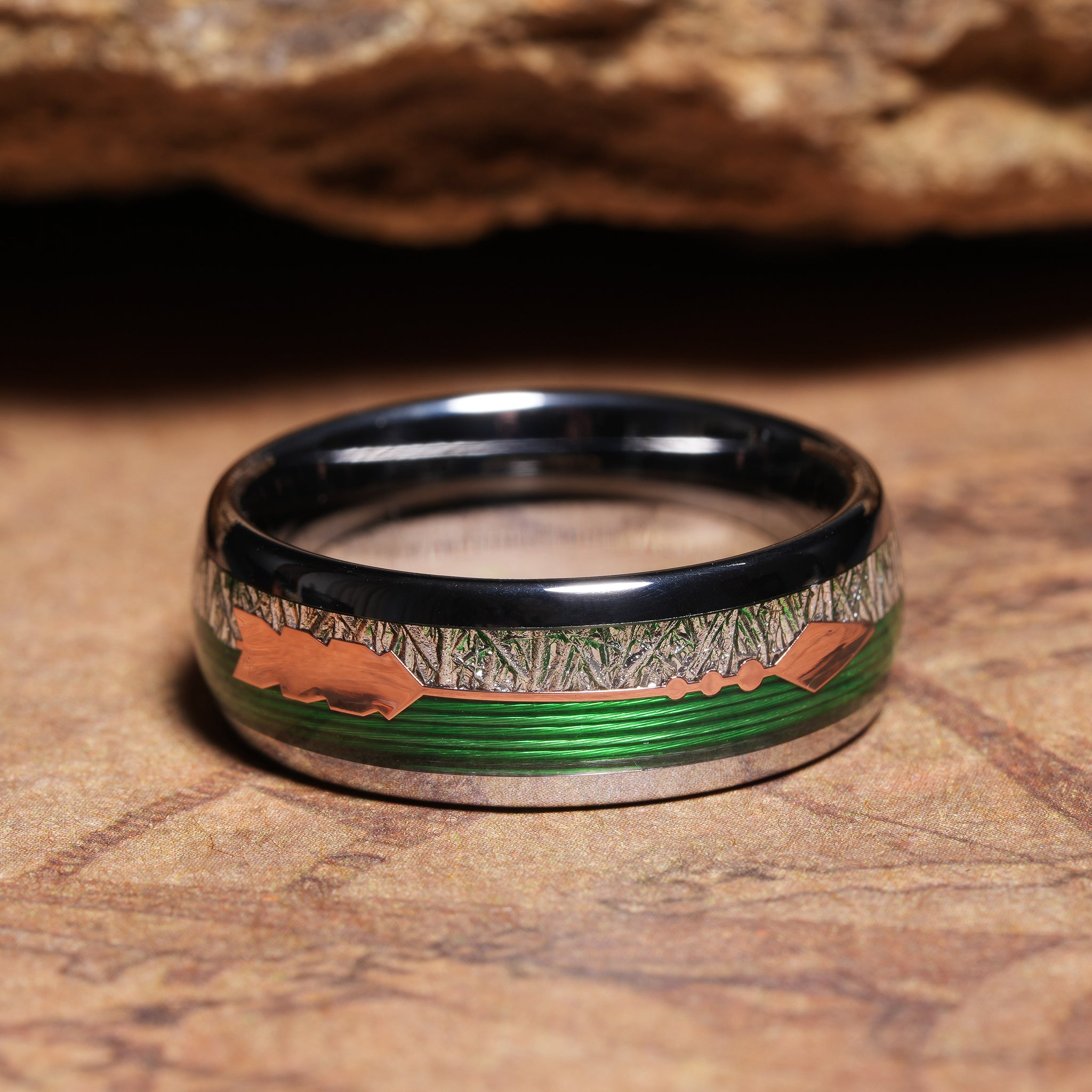 Meteorite Arrow Fishing Line Wedding Band for Men | 8mm Silver Tungsten Ring