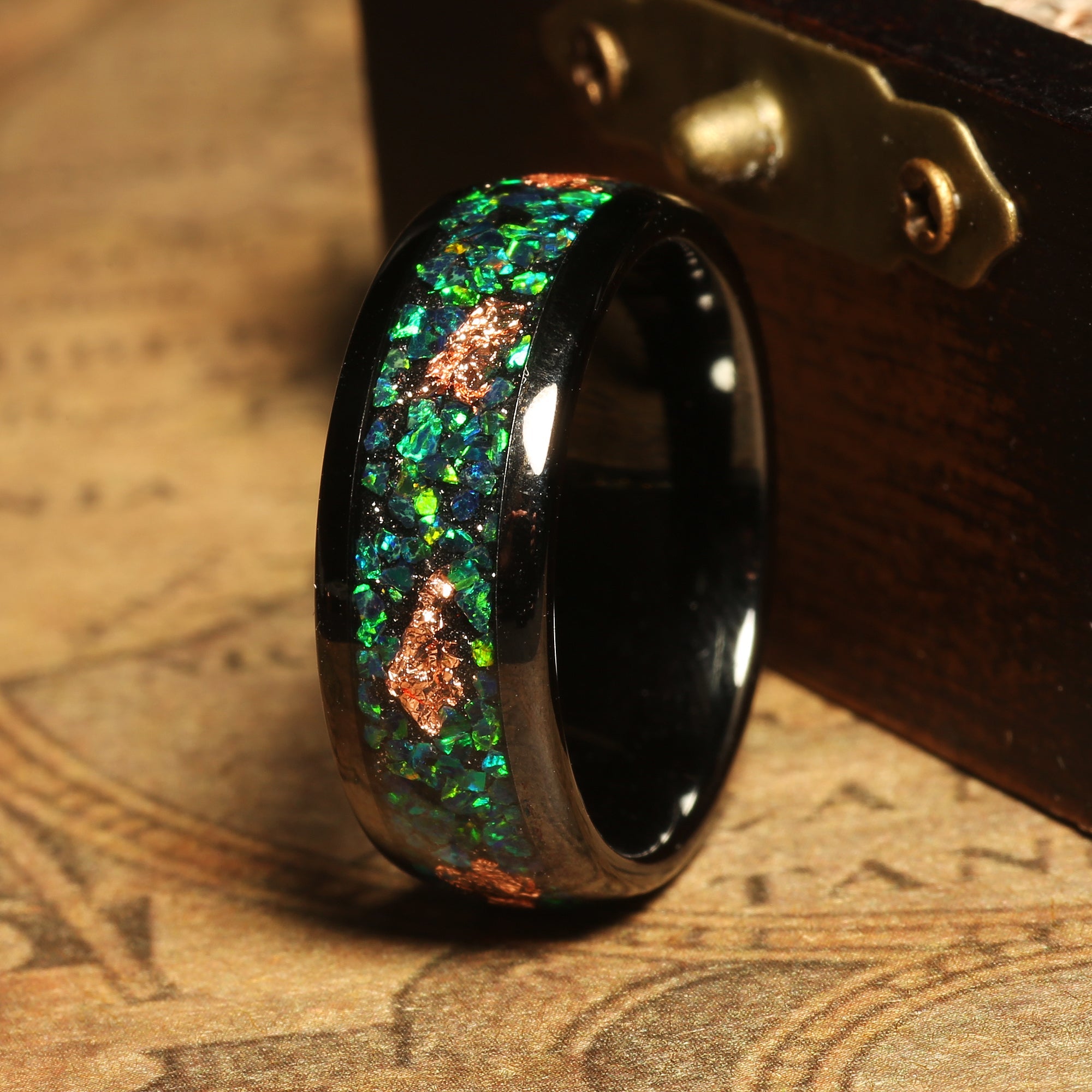8mm Meteorite & Gold Leaf & Rose Gold Tungsten Wedding Band for Men, Rare Material Comfort Fit Ring, Verdant Tide Design