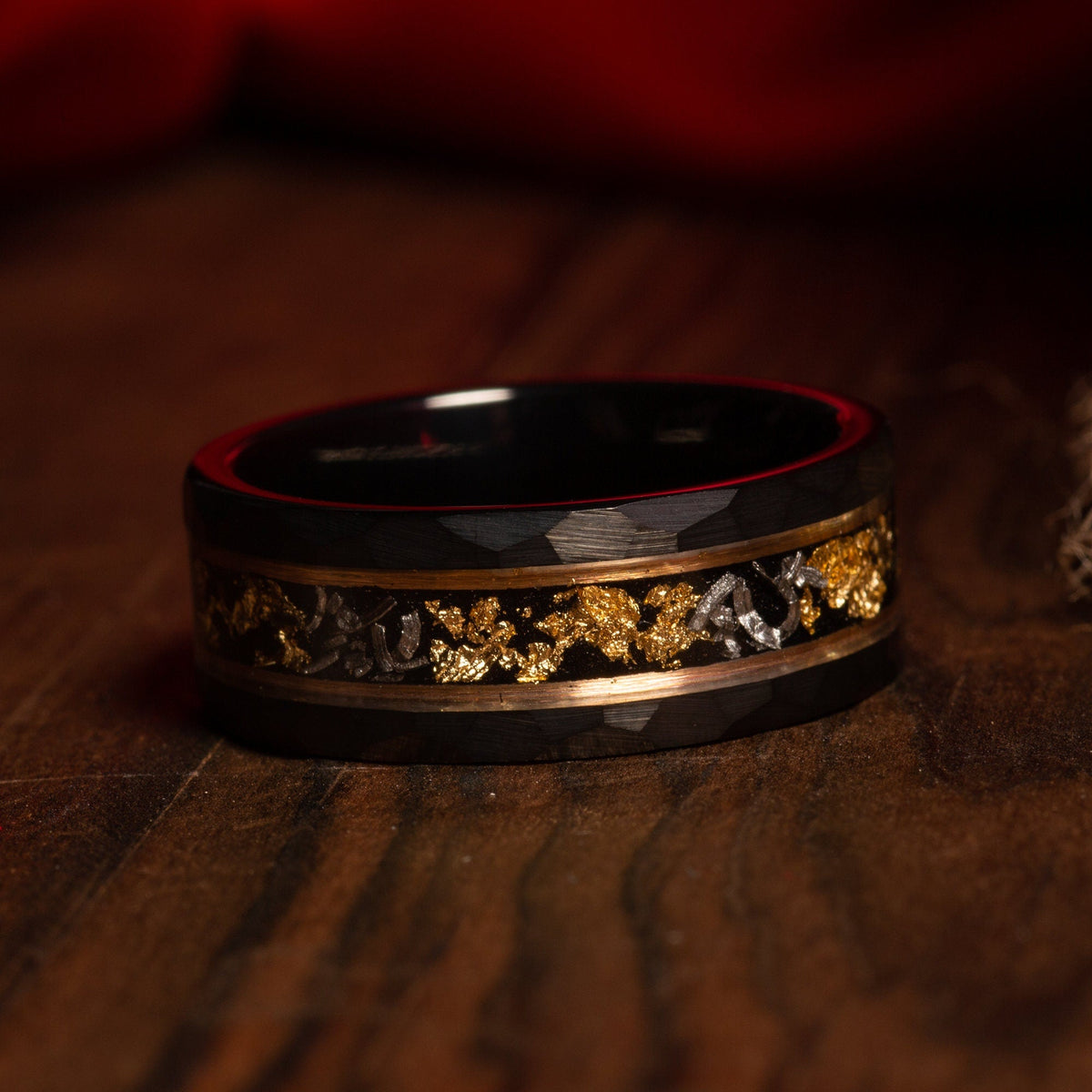 Men’s 8mm meteorite gold leaf wedding band with comfort fit