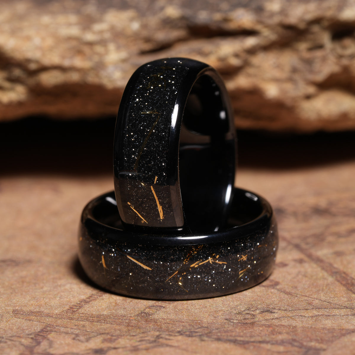 Men’s 8mm meteorite gold sandstone band with comfort fit