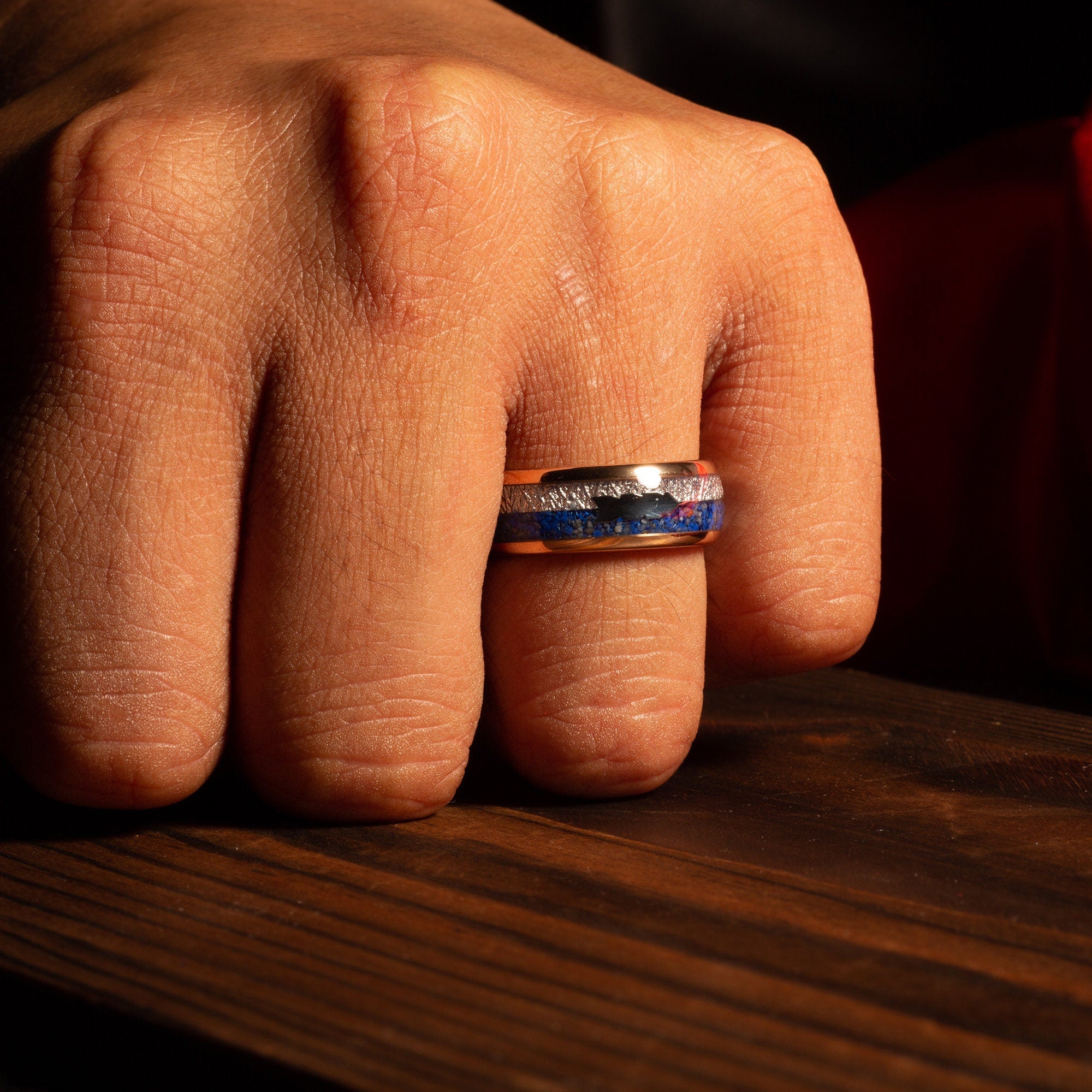 Meteorite Lapis Lazuli Wedding Band for Men | 8mm Rose Gold Tungsten Ring
