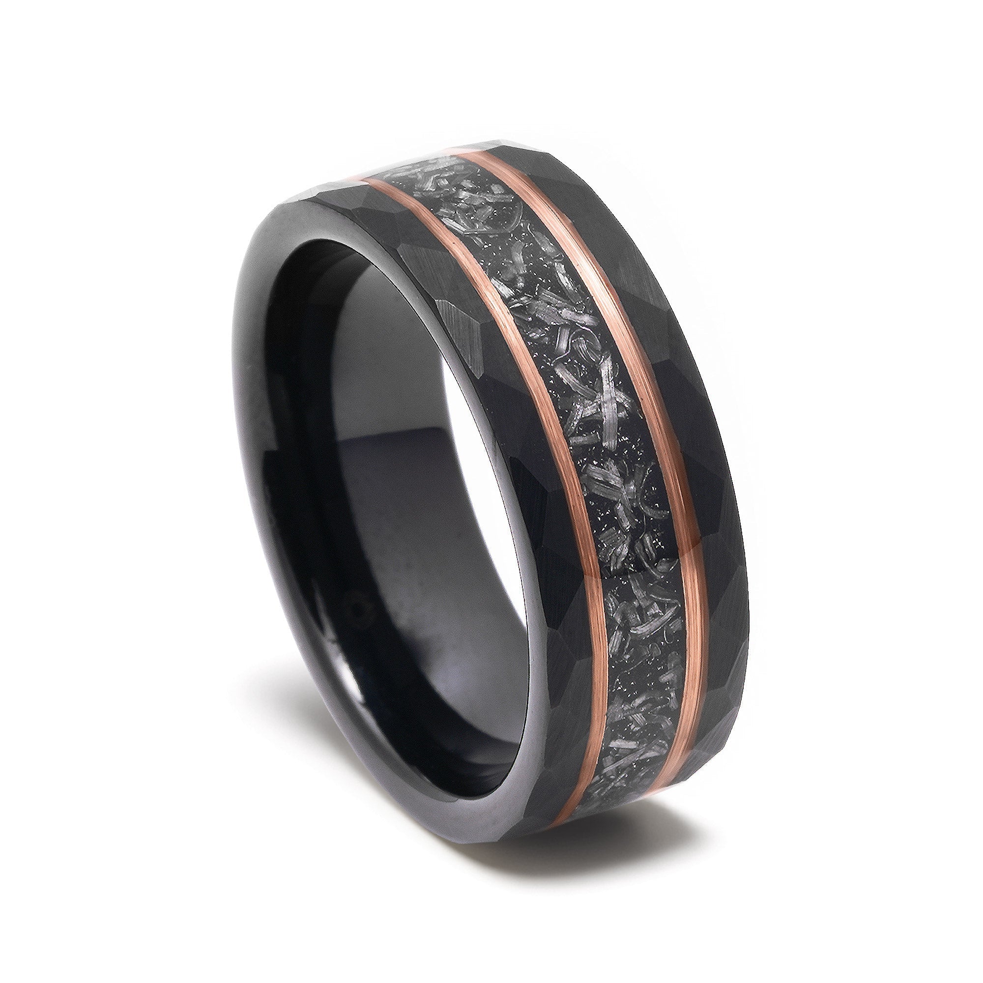 Meteorite Rose Gold Strip Wedding Band for Men | 8mm Black Hammered Tungsten Ring