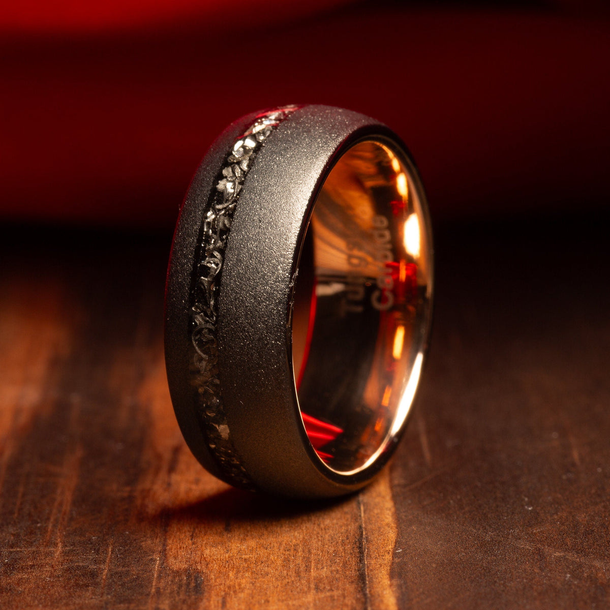 Men’s 8mm meteorite wedding band with black tungsten