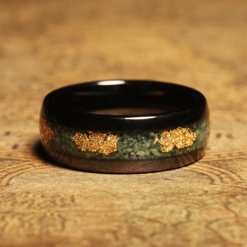 Moss Agate Gold Leaf Wedding Band for Men | 8mm Black Tungsten Ring 5