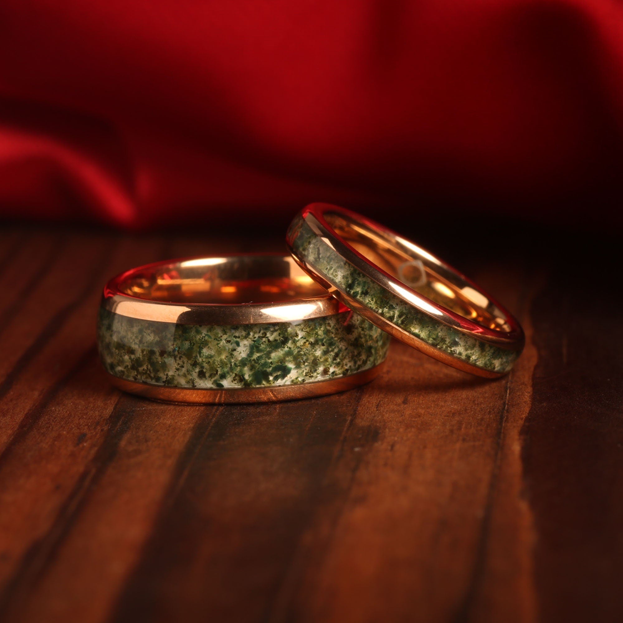 Moss Agate Ring for Men | 8mm Rose Gold Tungsten Wedding Band
