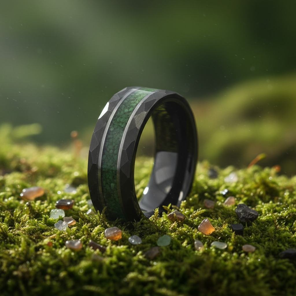 Moss Agate Silver Strip Wedding Band for Men | 8mm Black Hammered Tungsten Ring