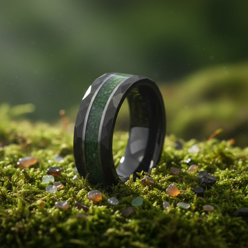 Moss Agate Silver Strip Wedding Band for Men | 8mm Black Hammered Tungsten Ring 5