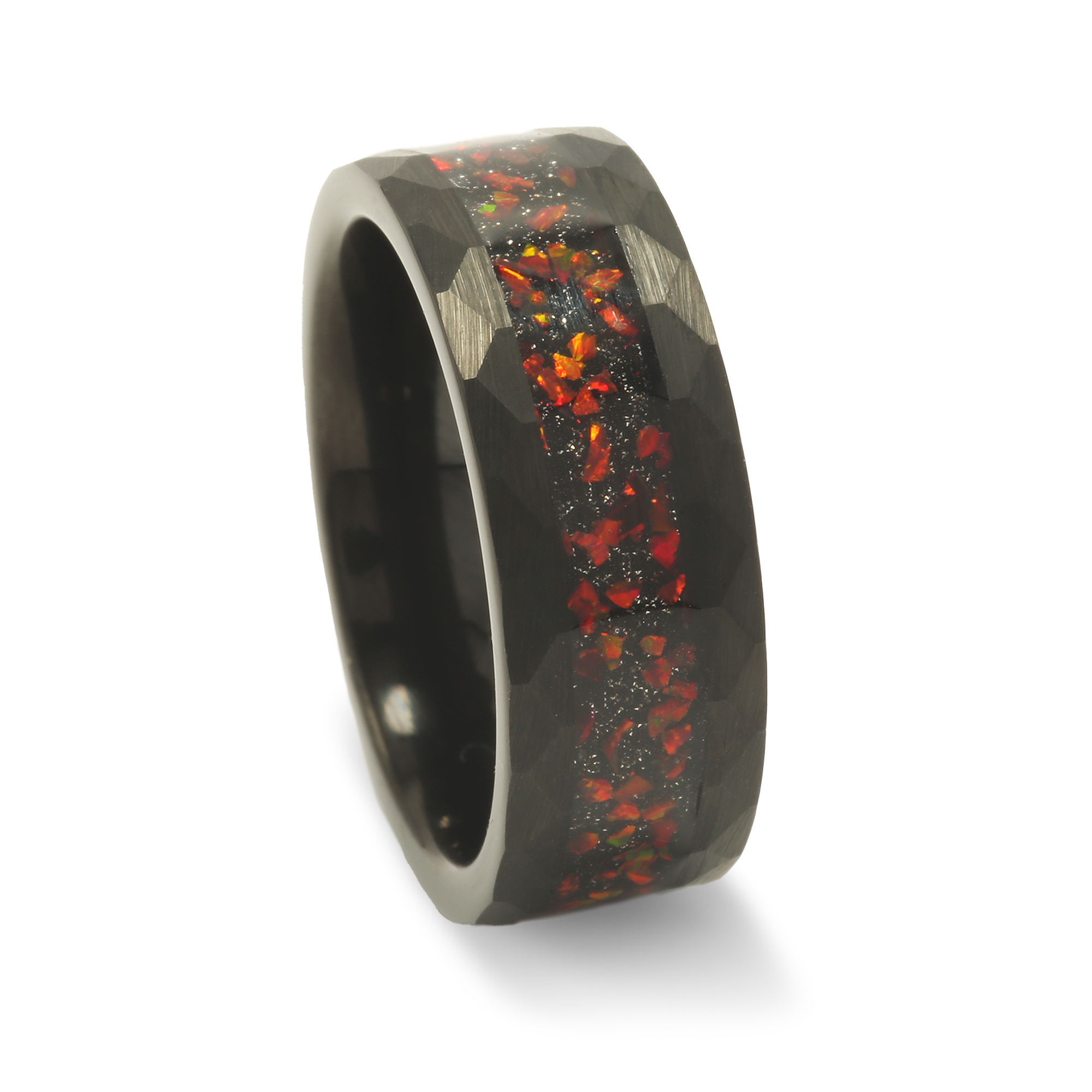 Obsidian Garnet Wedding Band for Men | 8mm Black Hammered Tungsten Ring