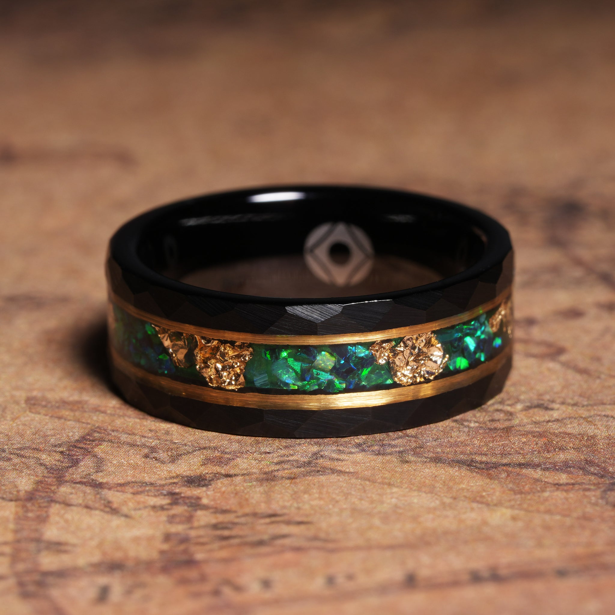 Blue Green Opal Gold Leaf Wedding Band for Men | 8mm Black Hammered Tungsten Ring