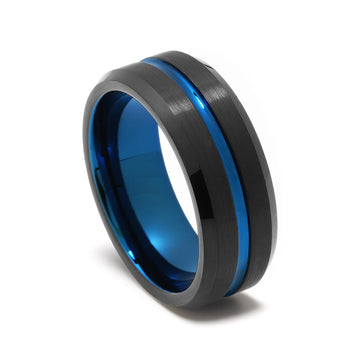Police Blue Line Wedding Band for Men | 8mm Black Brushed Tungsten Ring 5