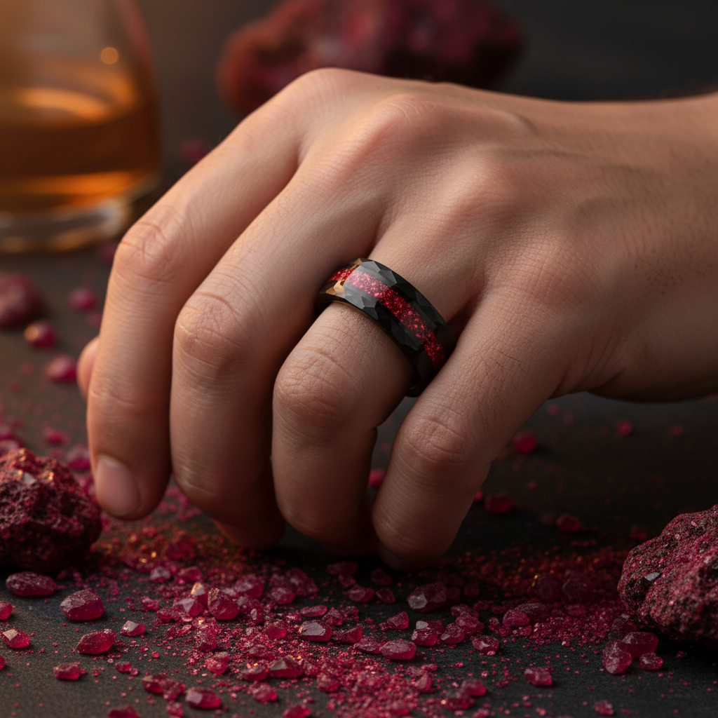 Ruby Wedding Band for Men | 8mm Black Hammered Tungsten Ring
