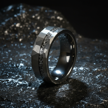 Silver Hammered Meteorite Wedding Band for Men | 8mm Tungsten Ring 5