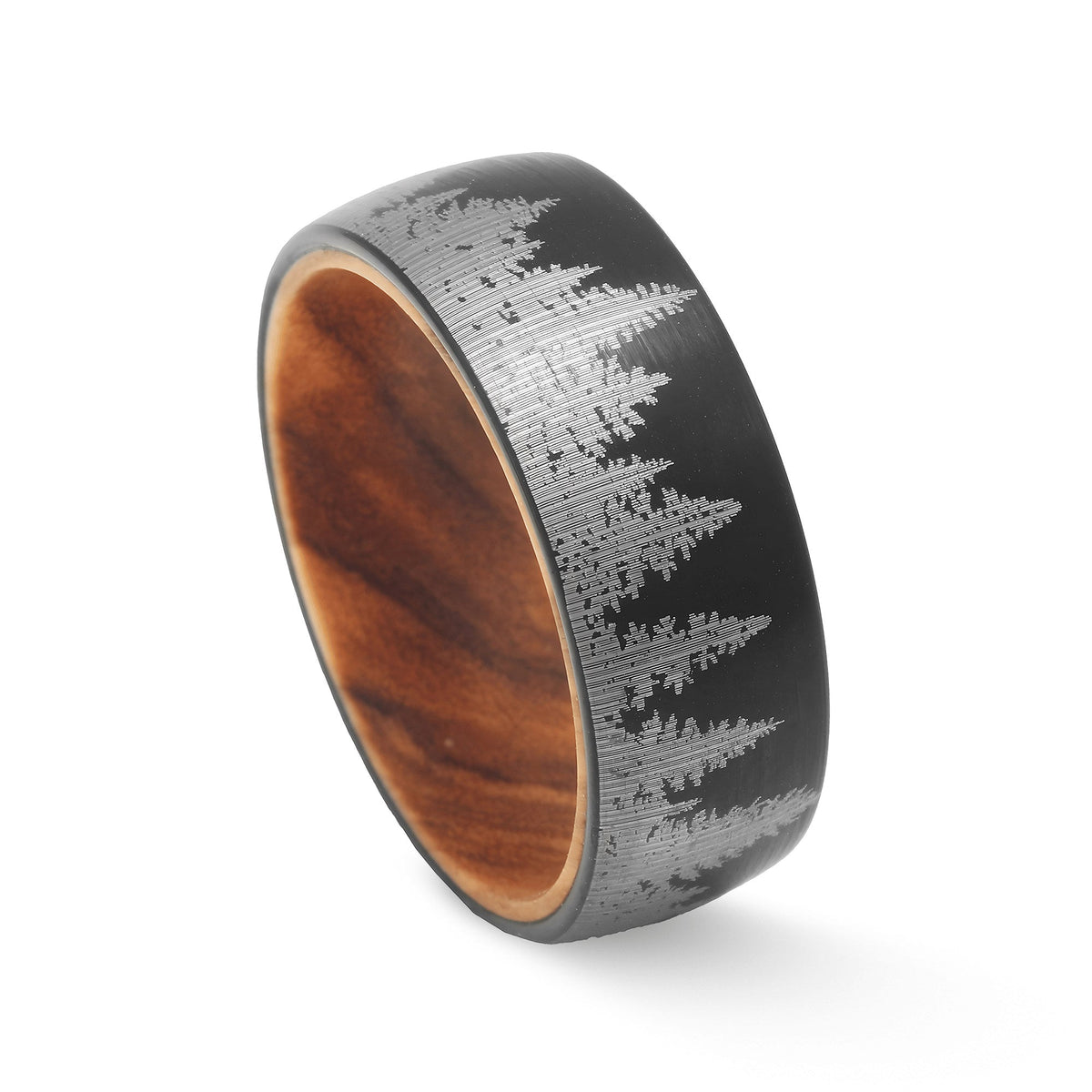 Men’s 8mm treeline whiskey barrel ring with comfort fit