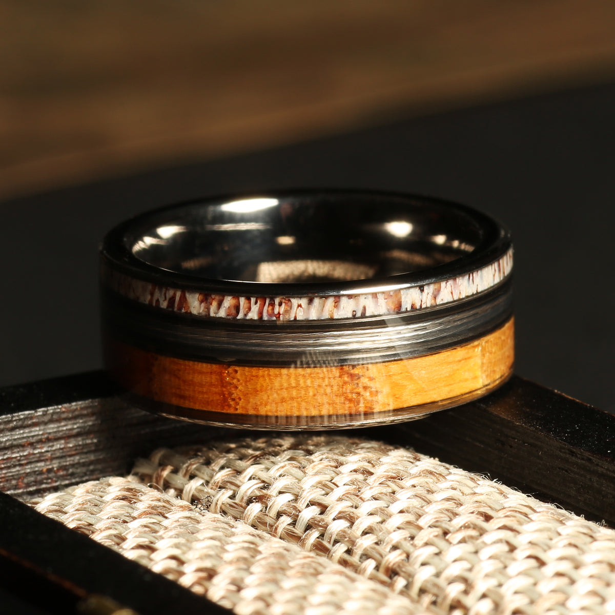 Men’s 8mm whiskey barrel antler fishing band with black tungsten