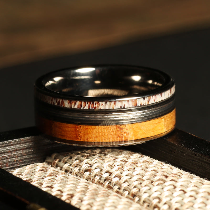 Men’s 8mm whiskey barrel antler fishing band with black tungsten