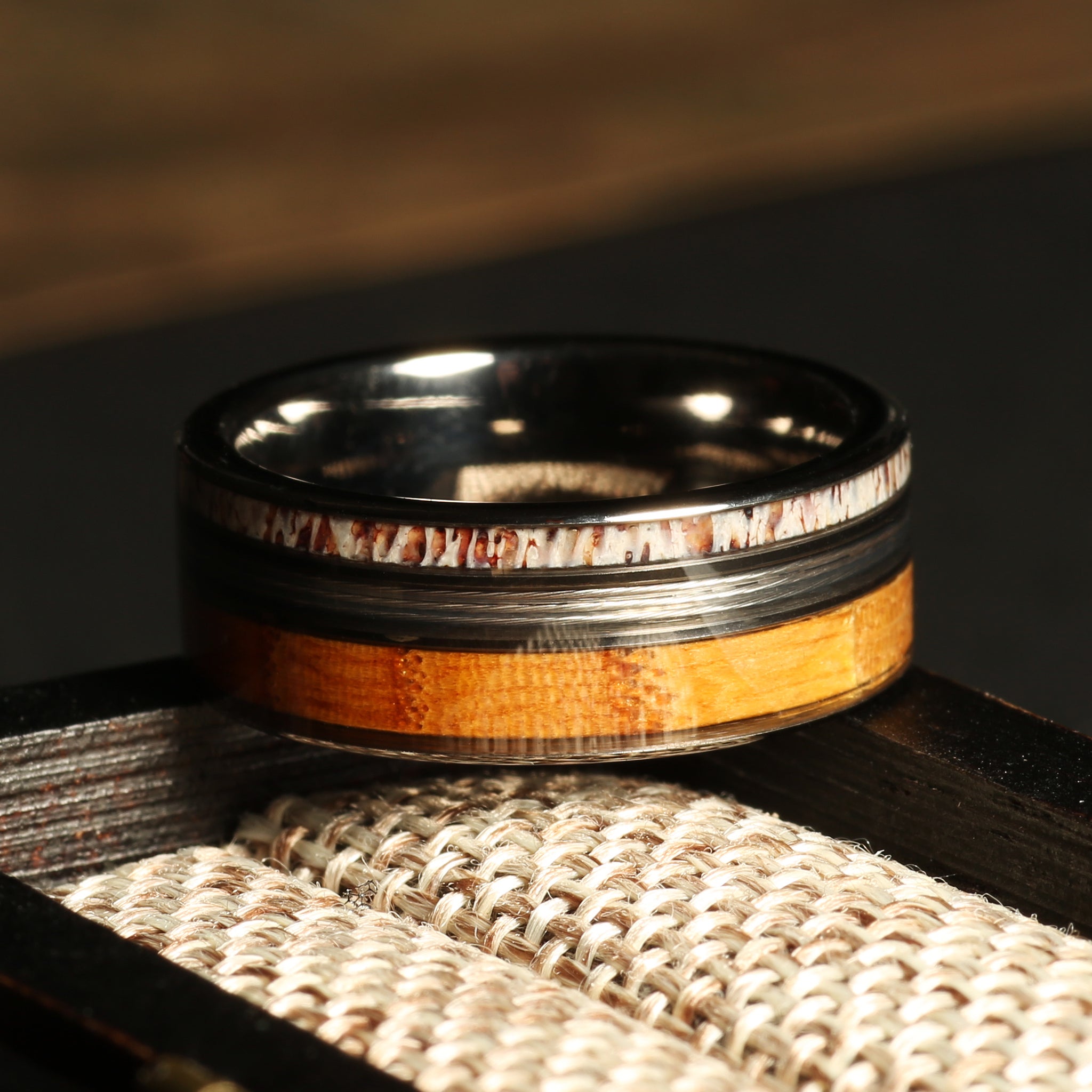 Whiskey Barrel Deer Antler Fishing Line Wedding Band for Men | 8mm Black Tungsten Ring